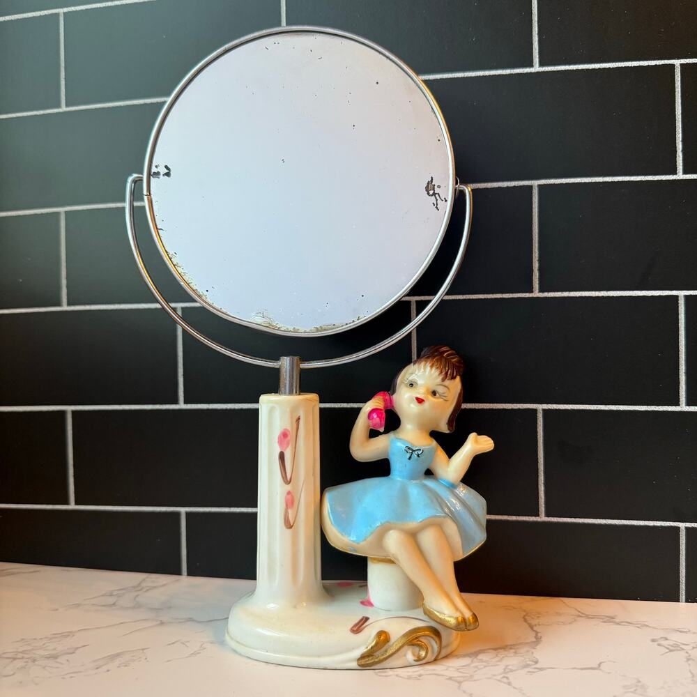Vintage 1960s Viscount Doll-Up Vanity Mirror Girl on Telephone Swivel